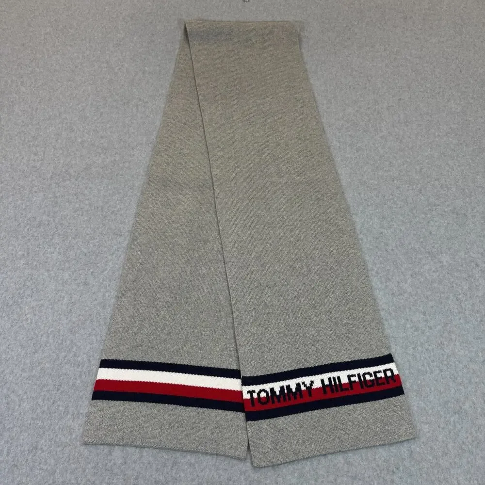 Tommy Hilfiger Gray Knit Scarf Logo Stripe One Size 72